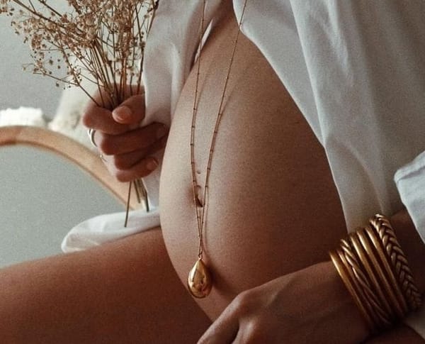 Femme enceinte tenant des fleurs séchées, dévoilant son ventre de grossesse avec un collier bola doré et des bijoux, dans une ambiance douce et intimiste.